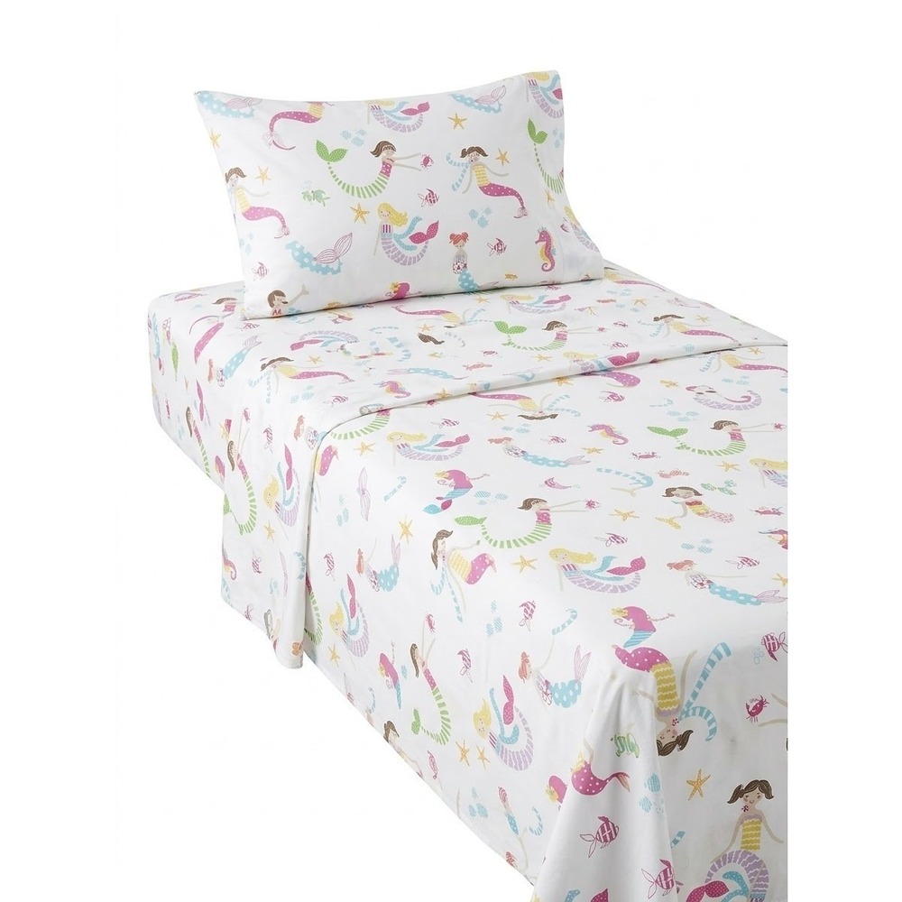 Pottery Barn Kids Bailey Mermaid Twin Sheet Set 100% Organic Cotton 3pc White